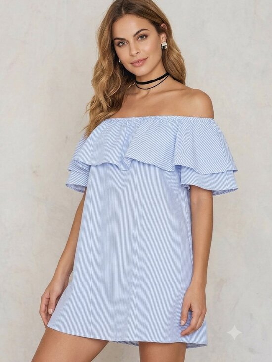 Dresses & Skirts - EUC Blue Striped Off-Shoulder Ruffle Mini Dress - Size S/M Nautical Summer Boho